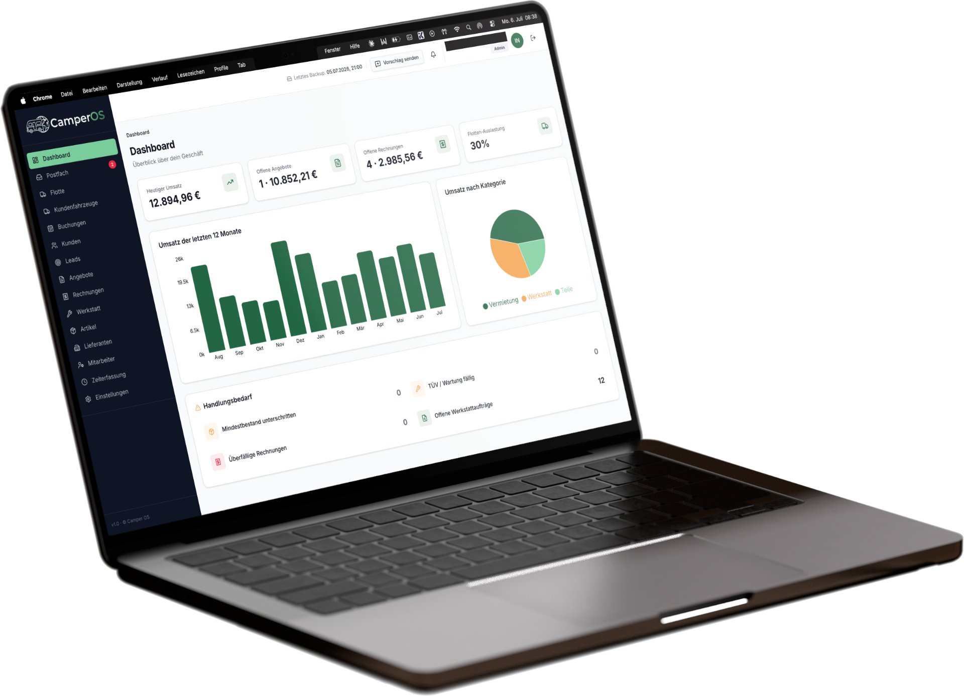 Camper Business OS Dashboard auf einem MacBook